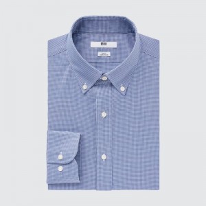 Blue Uniqlo Easy Care Checked Stretch Slim-fit Long-sleeve Men Shirts | 9599259