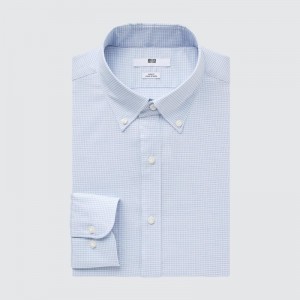 Blue Uniqlo Easy Care Checked Stretch Slim-fit Long-sleeve Men Shirts | 9856506