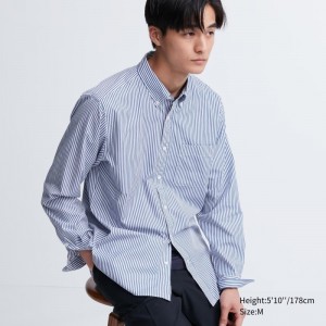 Blue Uniqlo Extra Fine Cotton Broadcloth Striped Long-sleeve Men Shirts | 1285493