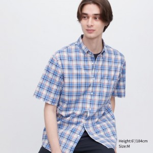 Blue Uniqlo Extra Fine Cotton Short-sleeve Men Shirts | 3348188