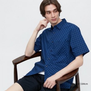 Blue Uniqlo Extra Fine Cotton Short-sleeve Men Shirts | 891921