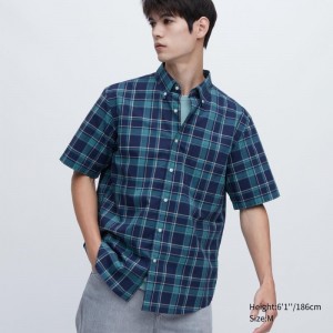 Blue Uniqlo Extra Fine Cotton Short-sleeve Men Shirts | 7450838
