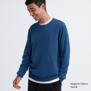 Blue Uniqlo Extra Fine Merino Crew Neck Long-Sleeve Women Sweaters | 517632