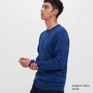Blue Uniqlo Extra Fine Merino Crew Neck Men Sweaters | 9787659