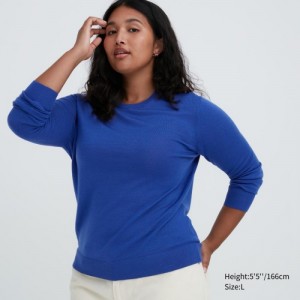 Blue Uniqlo Extra Fine Merino Crew Neck Long-Sleeve Women Sweaters | 417869