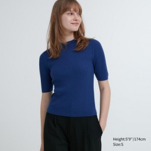 Blue Uniqlo Extra Fine Merino Ribbed Mock Neck Half-Sleeve Women Sweaters | 4788907