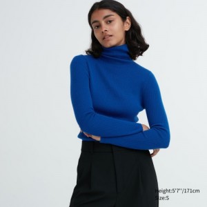 Blue Uniqlo Extra Fine Merino Ribbed Turtleneck Long-Sleeve Women Sweaters | 669049