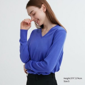 Blue Uniqlo Extra Fine Merino V-Neck Long-Sleeve Women Sweaters | 7481239