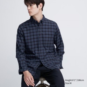 Blue Uniqlo Flannel Checked Long Sleeve Men Shirts | 5525932