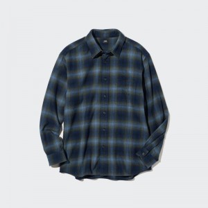 Blue Uniqlo Flannel Checked Long-sleeve Men Shirts | 6559832
