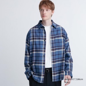 Blue Uniqlo Flannel Checked Long-sleeve Men Shirts | 4508868