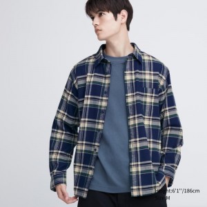 Blue Uniqlo Flannel Checked Long-sleeve Men Shirts | 6480048