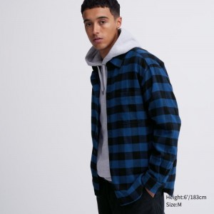 Blue Uniqlo Flannel Checked Long-sleeve Men Shirts | 6683939