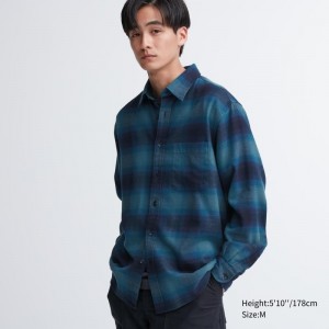Blue Uniqlo Flannel Checked Long-sleeve Men Shirts | 578498