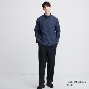 Blue Uniqlo Flannel Long-sleeve Solid Men Shirts | 8251475