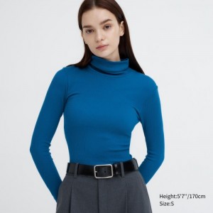 Blue Uniqlo HEATTECH Extra Warm Seamless Ribbed Turtleneck Long-Sleeve Women T Shirts | 9838954