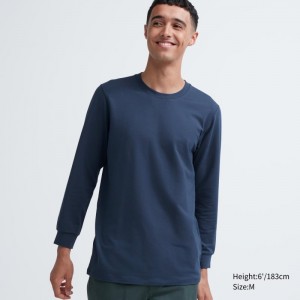 Blue Uniqlo Heattech Cotton Crew Neck Extra Warm Men T Shirts | 8203197