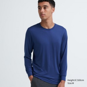 Blue Uniqlo Heattech Crew Neck Long-sleeve Men T Shirts | 6699238