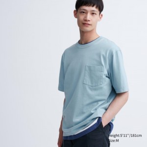 Blue Uniqlo Oversized Pocket Crew Neck Half-sleeve Men T Shirts | 9504070