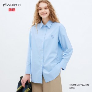 Blue Uniqlo Oxford Long-Sleeve Long Women Shirts | 1634796