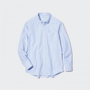 Blue Uniqlo Oxford Striped Slim-fit Long-sleeve Men Shirts | 6976012