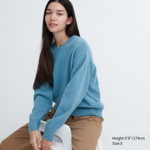 Blue Uniqlo Premium Lambswool Crew Neck Long-sleeve Women Sweaters | 1853003