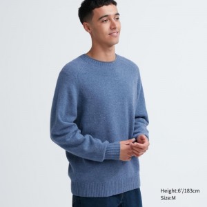 Blue Uniqlo Premium Lambswool Crew Neck Long Sleeve Men Sweaters | 9627613