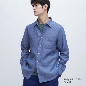 Blue Uniqlo Premium Linen Long-sleeve Men Shirts | 6908774