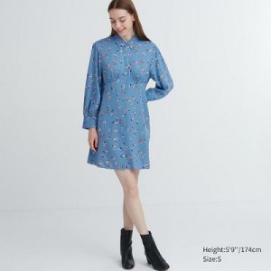 Blue Uniqlo Printed V-Neck Long-Sleeve Mini Women Dress | 7124358