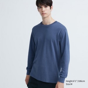 Blue Uniqlo Soft Brushed Crew Neck Long-sleeve Men T Shirts | 202744