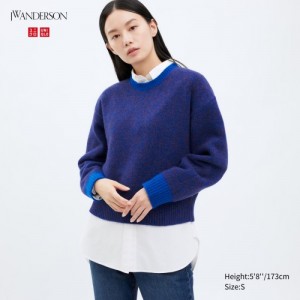 Blue Uniqlo Souffle Yarn Crew Neck Long-Sleeve Women Sweaters | 5595846