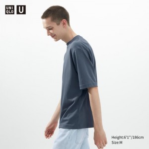 Blue Uniqlo U AIRism Cotton Oversized Crew Neck Half-Sleeve Men T Shirts | 148843
