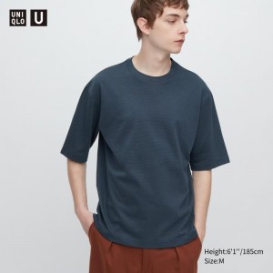 Blue Uniqlo U Airism Cotton Striped Crew Neck Oversized Men T Shirts | 689755