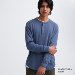 Blue Uniqlo Waffle Henley Neck Long-sleeve Men T Shirts | 7779685