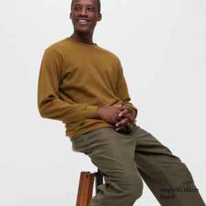 Brown Uniqlo Brushed Cotton Crew Neck Long-sleeve Men T Shirts | 7341241