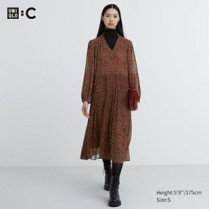 Brown Uniqlo Chiffon Pleated Long-Sleeve Women Dress | 8345507