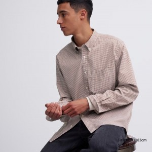 Brown Uniqlo Extra Fine Cotton Broadcloth Checked Long-sleeve Men Shirts | 9249760