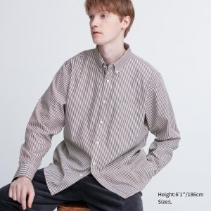 Brown Uniqlo Extra Fine Cotton Broadcloth Striped Long-sleeve Men Shirts | 2844733