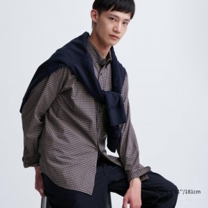 Brown Uniqlo Extra Fine Cotton Broadcloth Checked Long-sleeve Men Shirts | 5946019