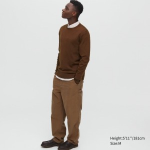 Brown Uniqlo Extra Fine Merino Crew Neck Men Sweaters | 2096954