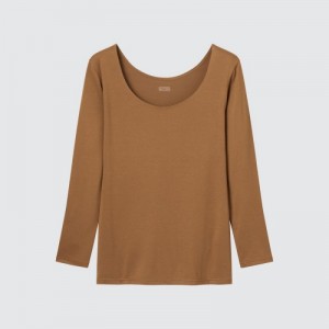 Brown Uniqlo HEATTECH Scoop Neck Long-Sleeve Women T Shirts | 7918923