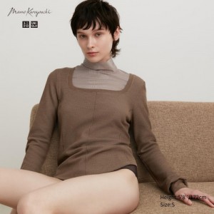 Brown Uniqlo HEATTECH Waffle Square Neck Long-Sleeve Women T Shirts | 588889