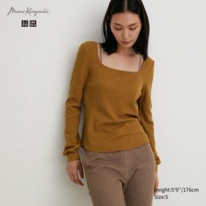 Brown Uniqlo HEATTECH Waffle Square Neck Long-Sleeve Women T Shirts | 5475003