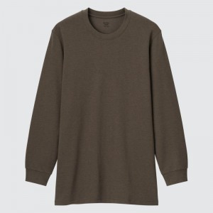 Brown Uniqlo Heattech Extra Warm Cotton Crew Neck Men T Shirts | 8237169