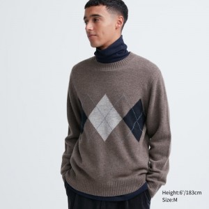 Brown Uniqlo Premium Lambswool Crew Neck Long-sleeve Men Sweaters | 2968701
