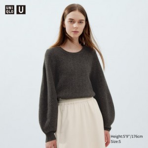 Brown Uniqlo Premium Lambswool Volume Long-Sleeve Women Sweaters | 9818467