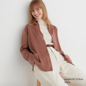Brown Uniqlo Satin Long-Sleeve Women Blouse | 6518774