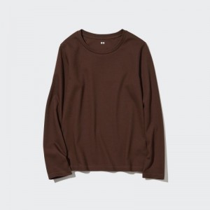 Brown Uniqlo Smooth Stretch Cotton Crew Neck Long-Sleeve Women T Shirts | 6989211