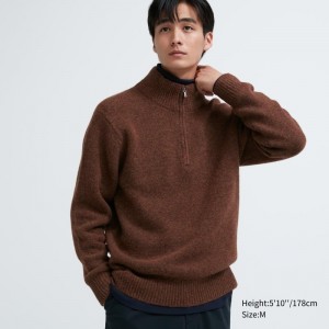 Brown Uniqlo Souffle Yarn Long Sleeve Half-zip Men Sweaters | 2608660