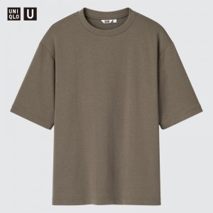Brown Uniqlo U AIRism Cotton Oversized Crew Neck Half-Sleeve Men T Shirts | 8315008